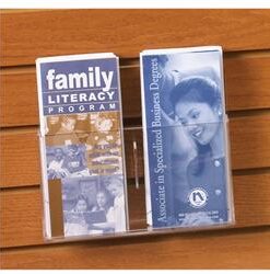 Two-Pocket Acrylic Slatwall Pamphlet Holder Holds 4"W literature 2"H x 2"D fixed dividers for separation and organization Angled design keeps materials upright and provides easy viewing